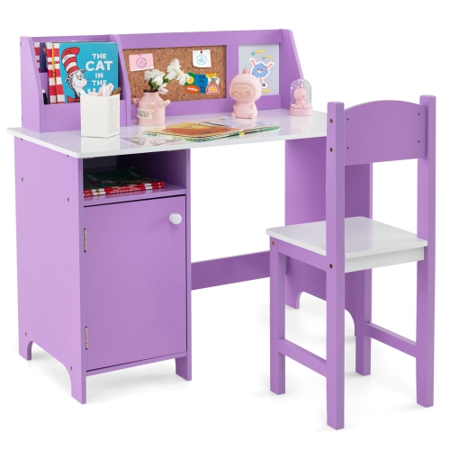 Costway Kids Study Desk with Chair, Whiteboard, Marker, Hutch, Storage Cabinet