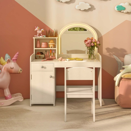 Costway Kid Vanity Table Chair Set 2-Color LED Lights Large Drawer Shelf Cabinet
