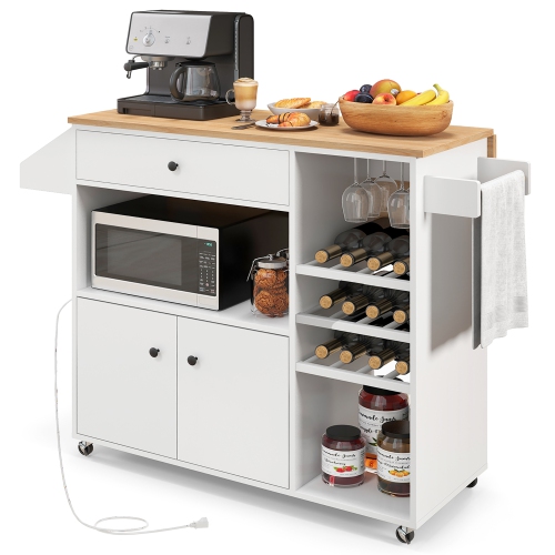 Gymax Kitchen Island Cart w/ Drop-Leaf & Power Outlet Microwave Shelf Wine Rack Drawer