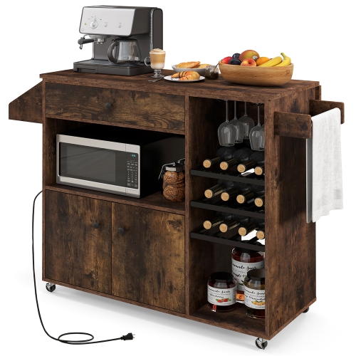 Gymax Kitchen Island Cart w/ Drop-Leaf & Power Outlet Microwave Shelf Wine Rack Drawer