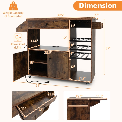 Gymax Kitchen Island Cart w/ Drop-Leaf & Power Outlet Microwave Shelf Wine Rack Drawer