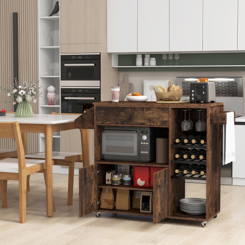 Gymax Kitchen Island Cart w/ Drop-Leaf & Power Outlet Microwave Shelf Wine Rack Drawer