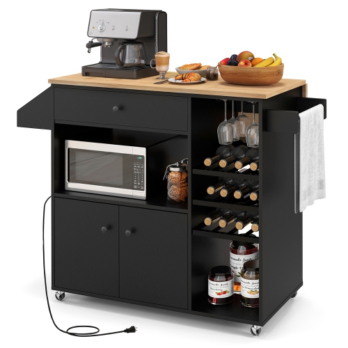 Gymax Kitchen Island Cart w/ Drop-Leaf & Power Outlet Microwave Shelf Wine Rack Drawer