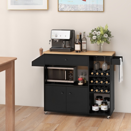 Gymax Kitchen Island Cart w/ Drop-Leaf & Power Outlet Microwave Shelf Wine Rack Drawer