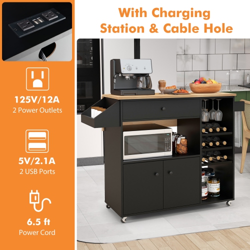 Gymax Kitchen Island Cart w/ Drop-Leaf & Power Outlet Microwave Shelf Wine Rack Drawer