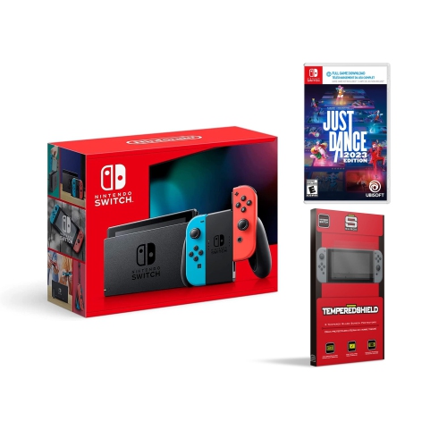 Nintendo Switch Neon Red/Blue Console with Just Dance & Screen Protector 2 Pack