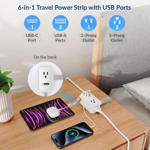 Uncaged Ergonomics Travel Charger Non Surge Cruise Approved Power Strip w/3 AC, 2 USB ports, 1 Fast Charging USB-C, 3ft Cable