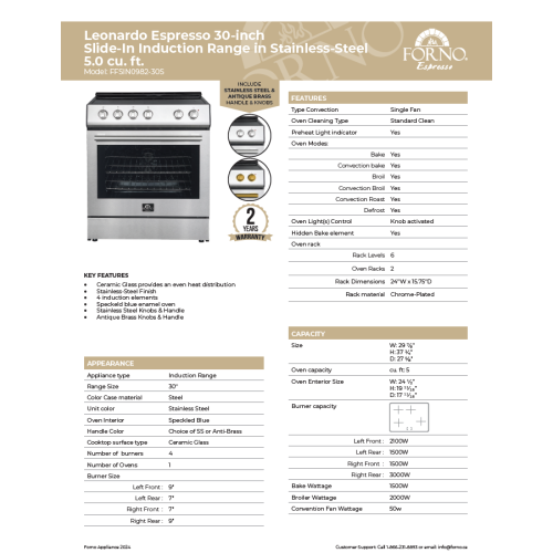 Forno Leonardo Espresso 30-Inch Slide-In Induction Range Stainless-Steel