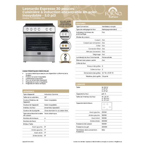 Forno Leonardo Espresso 30-Inch Slide-In Induction Range Stainless-Steel