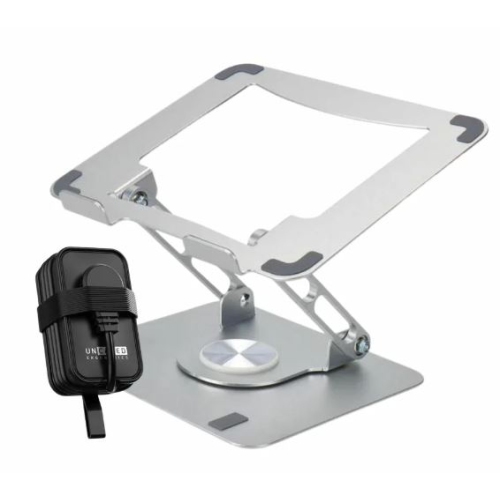 Uncaged Ergonomics RISE Swivel Adjustable Laptop Desk Stand 2.0 and Travel Charger Power Strip w/3 AC, 2 USB ports, 1 Fast Charging USB-C, 3ft Cable