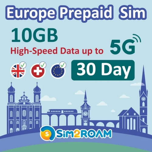 Carte SIM prépayée Europe - 30 jours, données 10&nbsp;Go 5G/4G, appels illimités & SMS, utilisation au Royaume-Uni, en Suisse et dans plus de 30 pays