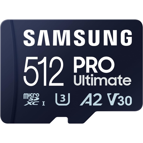 SAMSUNG PRO Ultimate microSD Memory Card + Adapter, 512GB microSDXC, Up to 200 MB/s, 4K UHD, UHS-I, Class 10, U3,V30, A2 for Action Cam, Drone,
