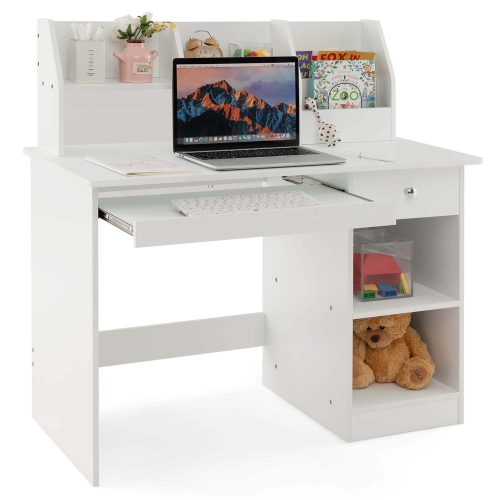 COSTWAY  Kids Study Desk Children Writing Table With Hutch Drawer Shelves & Keyboard Tray