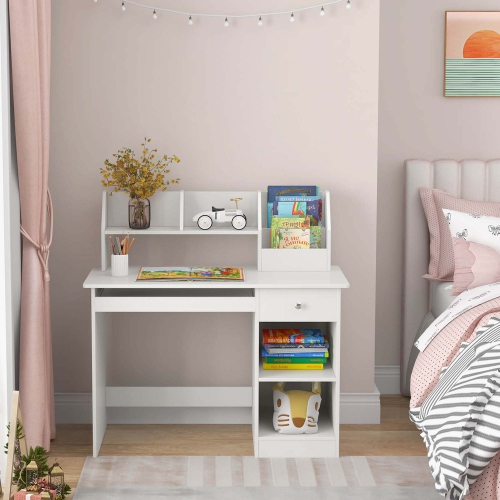 Costway Kids Study Desk Children Writing Table with Hutch Drawer Shelves & Keyboard Tray