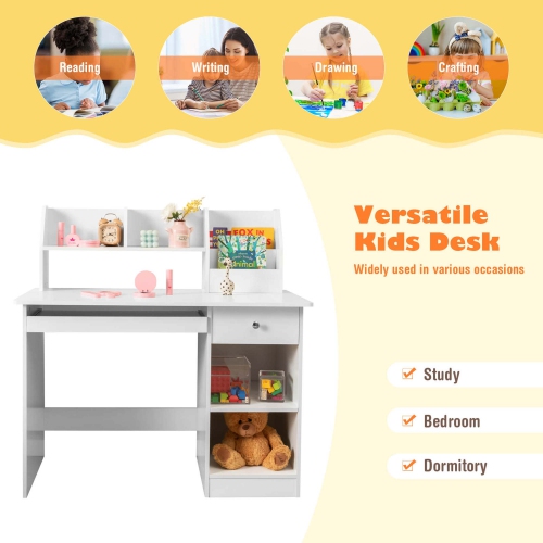 Costway Kids Study Desk Children Writing Table with Hutch Drawer Shelves & Keyboard Tray