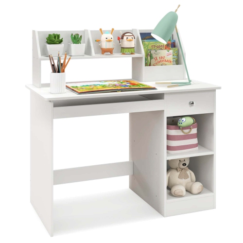 Costway Kids Study Desk Children Writing Table with Hutch Drawer Shelves & Keyboard Tray