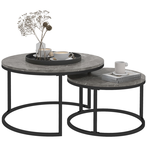 HOMCOM Nesting Tables, 31" Round Coffee Table Set of 2, Modern Side Tables for Living Room with Metal Base, Faux Marbled Grey