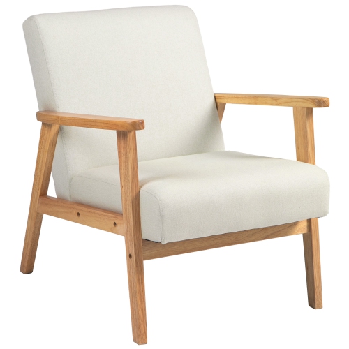 HOMCOM  Fabric Accent Chair, Upholstered Armchair, Mid-Century Modern Living Room Chair With Wood Legs And Padded Cushion for Bedroom, Cream In White