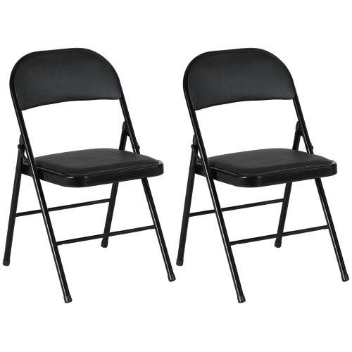 HOMCOM Metal Folding Chairs 2 Pack PU Leather Padded Foldable Chairs Indoor with Cushion for Office Reception Waiting Room Party Black