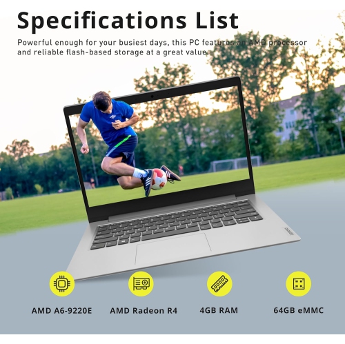 Lenovo IdeaPad 1 14" HD Business Laptop, AMD A6-9220e, 64GB eMMC, 4GB RAM, AMD Radeon R4 Graphics, 1 Year Office 365, Windows 10 S, Platinum Gray,