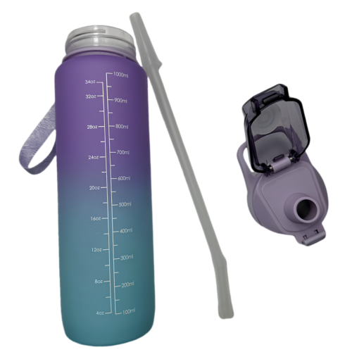 Nouvelle bouteille d'eau Life Sports d'extérieur, avec marque à l'échelle, avec paille, bouteille étanche, plastique, 1000 ml violet bleu