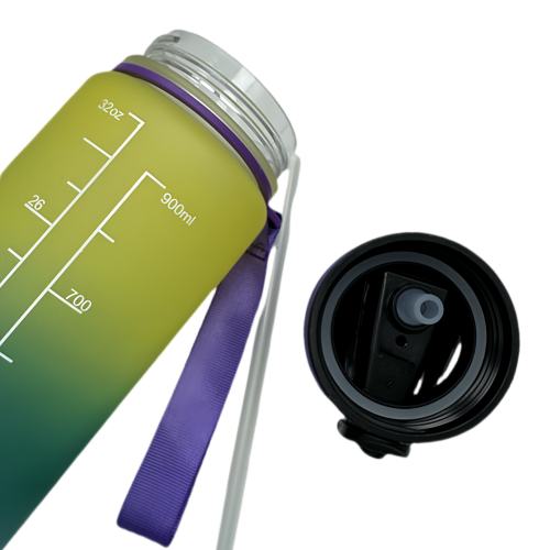 Nouvelle bouteille d'eau Life Sports d'extérieur, avec marque à l'échelle, avec paille, bouteille étanche, plastique, 900 ml jaune vert