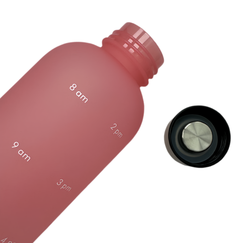 New life Water Bottle Motivational Sports, with Time Marker, Screw lid, Plastic 900ml Pink