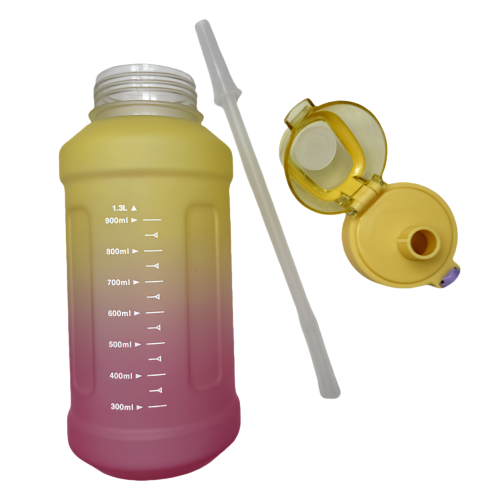 Nouvelle bouteille d'eau Life Sports d'extérieur, avec marque à l'échelle, avec paille, bouteille étanche, plastique, 1300&nbsp;ml jaune rose