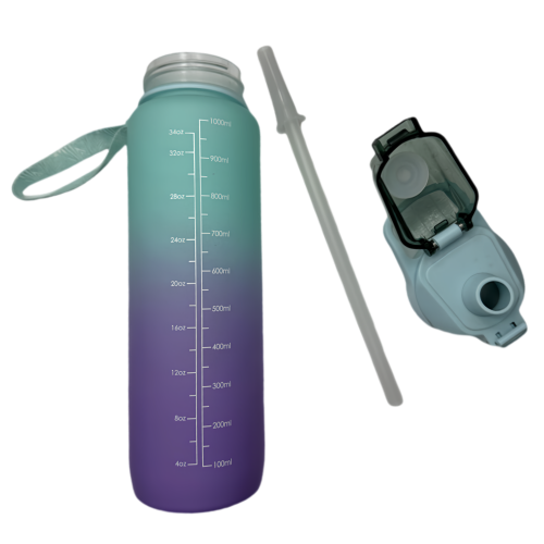 Nouvelle bouteille d'eau Life Sports d'extérieur, avec marque à l'échelle, avec paille, bouteille étanche, plastique, violet 1000 ml vert