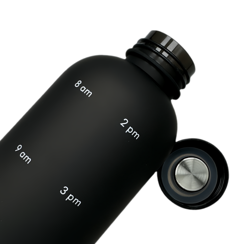 New life Water Bottle Motivational Sports, with Time Marker, Screw lid, Plastic 900ml Black