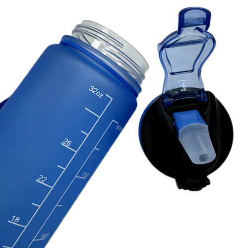 Nouvelle bouteille d'eau Life Sports d'extérieur, avec marque à l'échelle, avec paille, bouteille à l'épreuve des fuites, plastique, bleu 900 ml