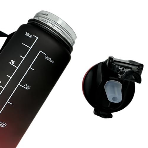 Nouvelle bouteille d'eau Life Sports d'extérieur, avec marque à l'échelle, avec paille, bouteille étanche, plastique, 900 ml noir rouge