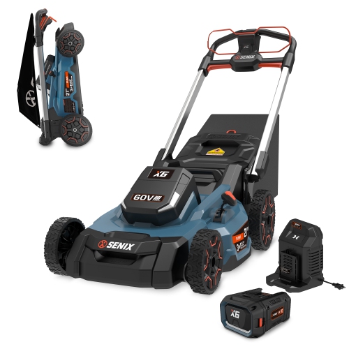 SENIX X6 60 Volt Max 21 Inch 3 In 1 Cordless Push Lawn Mower w Bagging Mulching And Side Discharge Height Adjustment Smart Display Battery