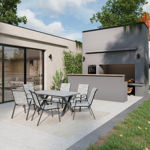 DEKO LIVING  6 Place Seating Outdoor Aluminum Patio Dining Table Set And Chairs With Textilene Fabric In Gray