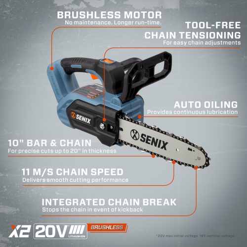 SENIX X2 20V Max* 10-inch Cordless Chainsaw, Brushless (CSX2-M1-0)