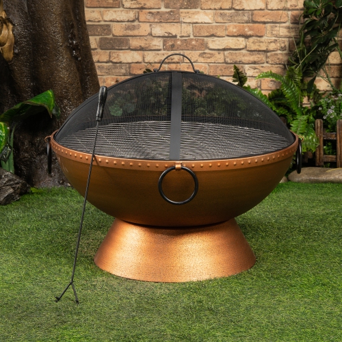 Deko Living 31 Inch Round Outdoor Steel Wood Burning Firebowl / Firepit with Screen Lid and Poker
