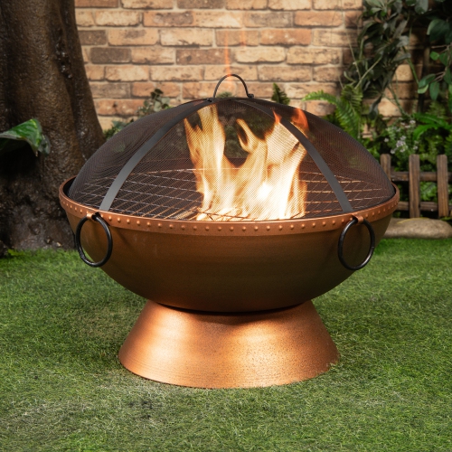 Deko Living 31 Inch Round Outdoor Steel Wood Burning Firebowl / Firepit with Screen Lid and Poker