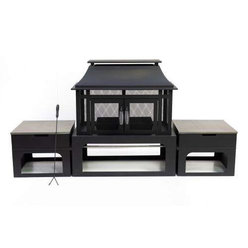 Image 1 de 8.. Foyer à bois rectangulaire extérieur en acier de 70 po de Deko Living avec rangement pour bûches, tisonnier et tables d'appoint