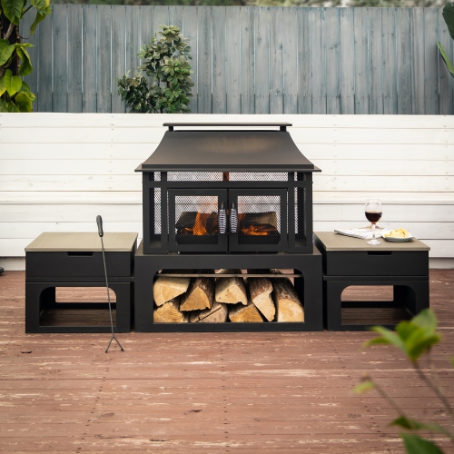 Deko Living 70 Inch Rectangular Outdoor Steel Wood Burning Fireplace with Log Storage, Poker and Side Tables