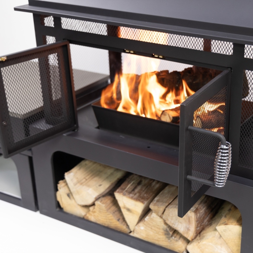 Deko Living 70 Inch Rectangular Outdoor Steel Wood Burning Fireplace with Log Storage, Poker and Side Tables
