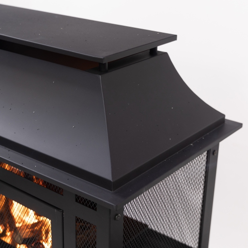 Deko Living 70 Inch Rectangular Outdoor Steel Wood Burning Fireplace with Log Storage, Poker and Side Tables