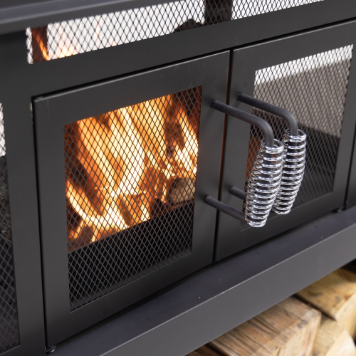 Deko Living 70 Inch Rectangular Outdoor Steel Wood Burning Fireplace with Log Storage, Poker and Side Tables