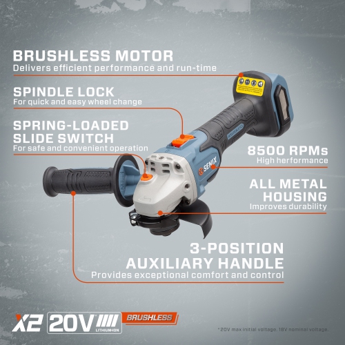 SENIX X2 20V Max* 4-1/2-Inch Cordless Angle Grinder, Brushess (PAX2115-M2-0)