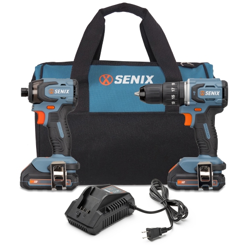 SENIX  X2 20 Volt Max 2-Piece Cordless Power Tool Kit \w 1/2-Inch Hammer Drill Driver And 1/4-Inch Impact Driver, Includes Soft Bag, 2 Batteries &