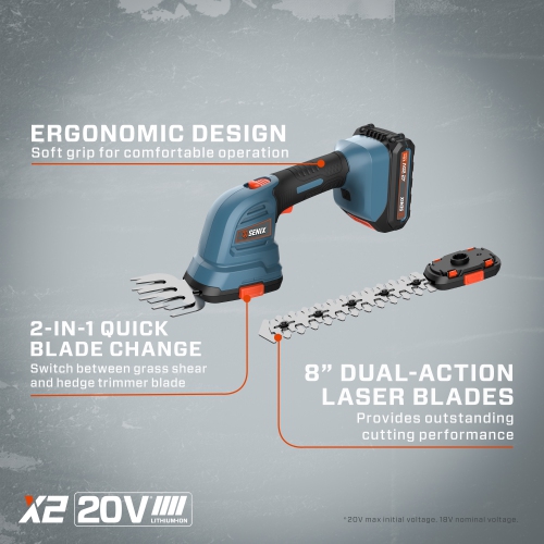 SENIX X2 20V Max* 2-in-1 Cordless Hedge Trimmer and Grass Shear with Interchangeable 4-Inch and 8-Inch Blades, Includes 2.0 Ah Battery and Charger