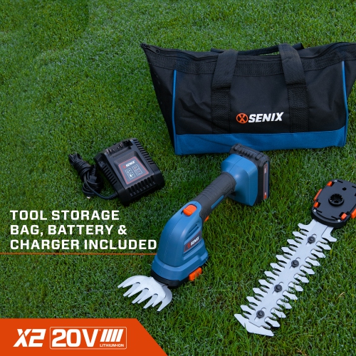 SENIX X2 20V Max* 2-in-1 Cordless Hedge Trimmer and Grass Shear with Interchangeable 4-Inch and 8-Inch Blades, Includes 2.0 Ah Battery and Charger