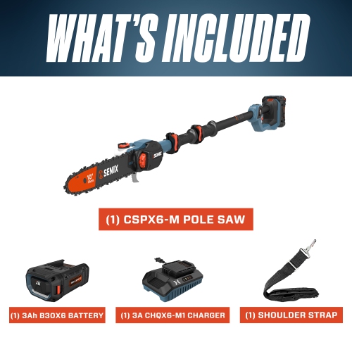 SENIX X6 60V Max* 10-Inch Cordless Pole Saw with Articulating Head, Includes 3.0 Ah Battery and Charger