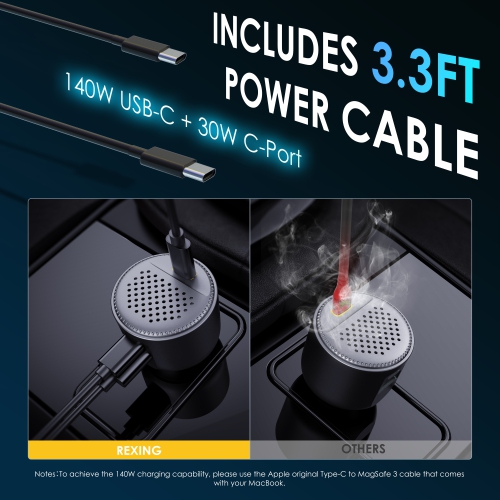 Rexing 170W Vehicle Quick Charger with 2 USB-C & 1 USB Port Compatible with iPhone and Samsung Note - Black