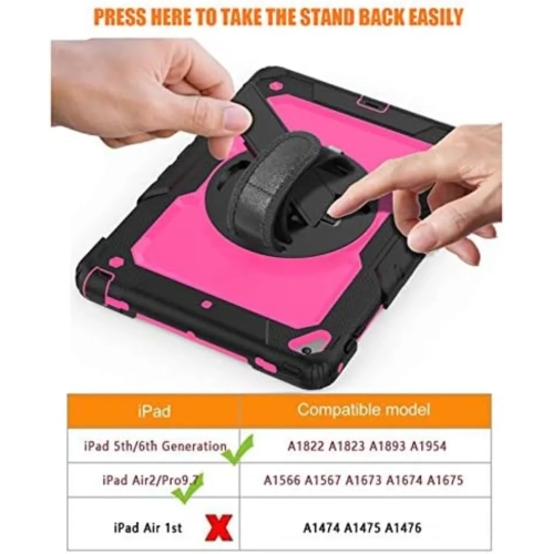 iPad 6th/5th Generation Kids Case with Pencil Holder & Screen Protector - Hard Rugged Shockproof Cover with Stand & Shoulder Strap, Fits iPad Pro