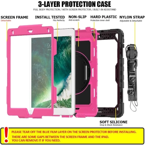 iPad 6th/5th Generation Kids Case with Pencil Holder & Screen Protector - Hard Rugged Shockproof Cover with Stand & Shoulder Strap, Fits iPad Pro